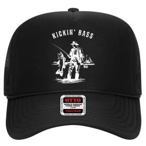 Kickin Bass Fisherman Fishing Fish Funny Outdoors Lake High Crown Mesh Back Trucker Hat