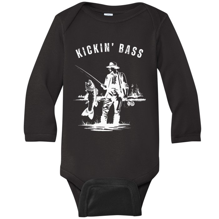 Kickin Bass Fisherman Fishing Fish Funny Outdoors Lake Baby Long Sleeve Bodysuit