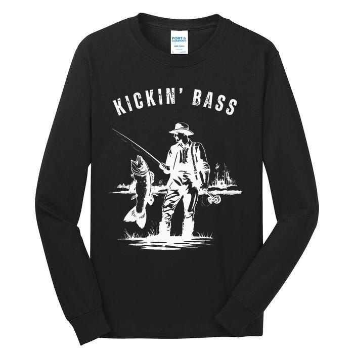 Kickin Bass Fisherman Fishing Fish Funny Outdoors Lake Tall Long Sleeve T-Shirt