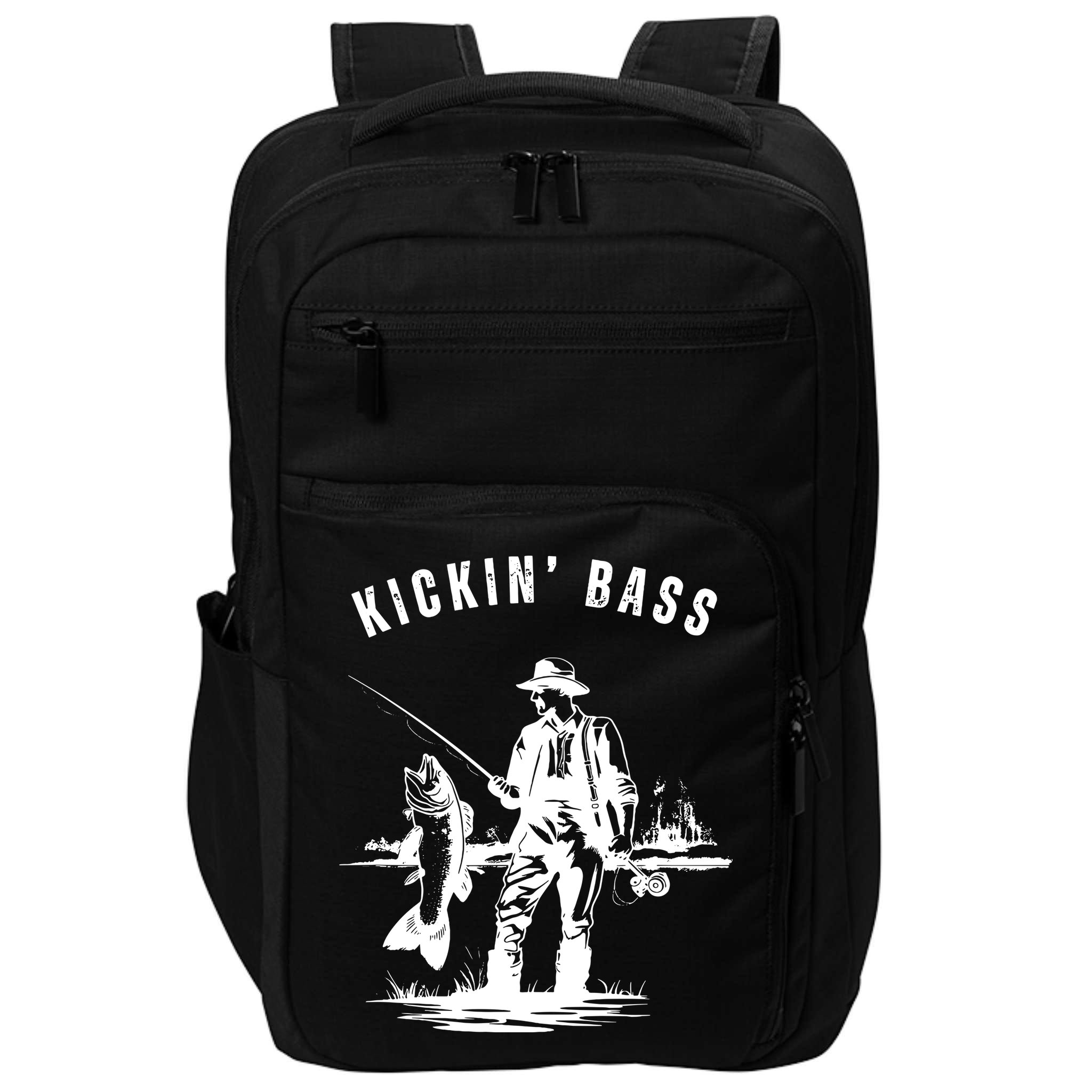 Kickin Bass Fisherman Fishing Fish Funny Outdoors Lake Impact Tech Backpack