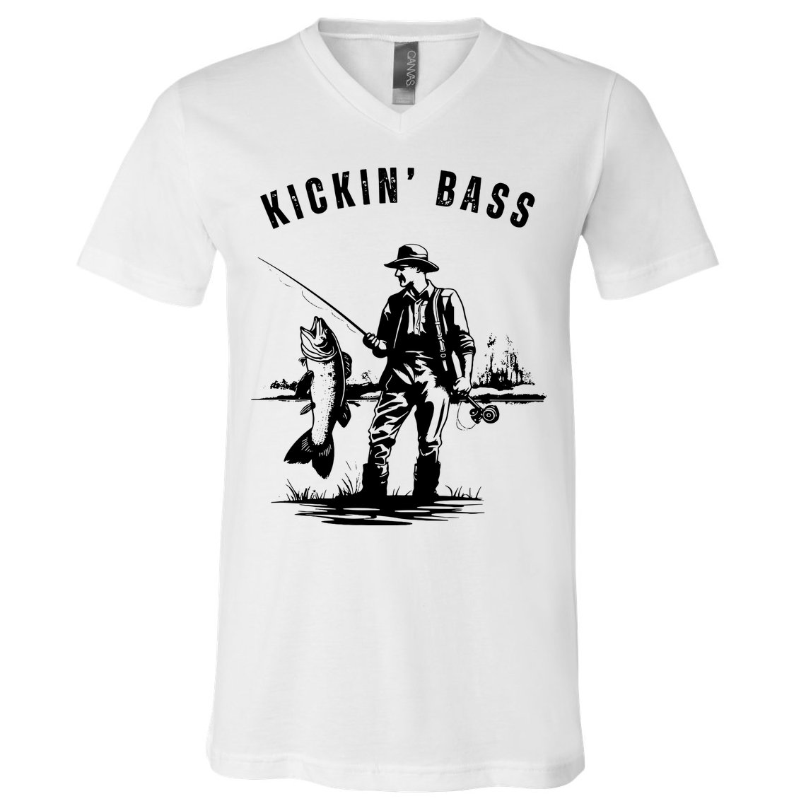 Kickin Bass Fisherman Fishing Fish Funny Outdoors Lake V-Neck T-Shirt