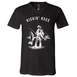 Kickin Bass Fisherman Fishing Fish Funny Outdoors Lake V-Neck T-Shirt