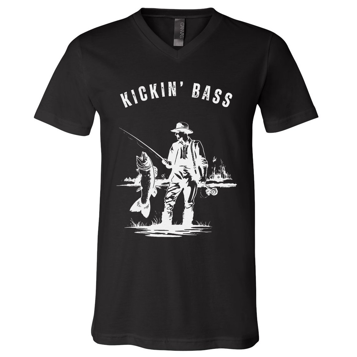 Kickin Bass Fisherman Fishing Fish Funny Outdoors Lake V-Neck T-Shirt