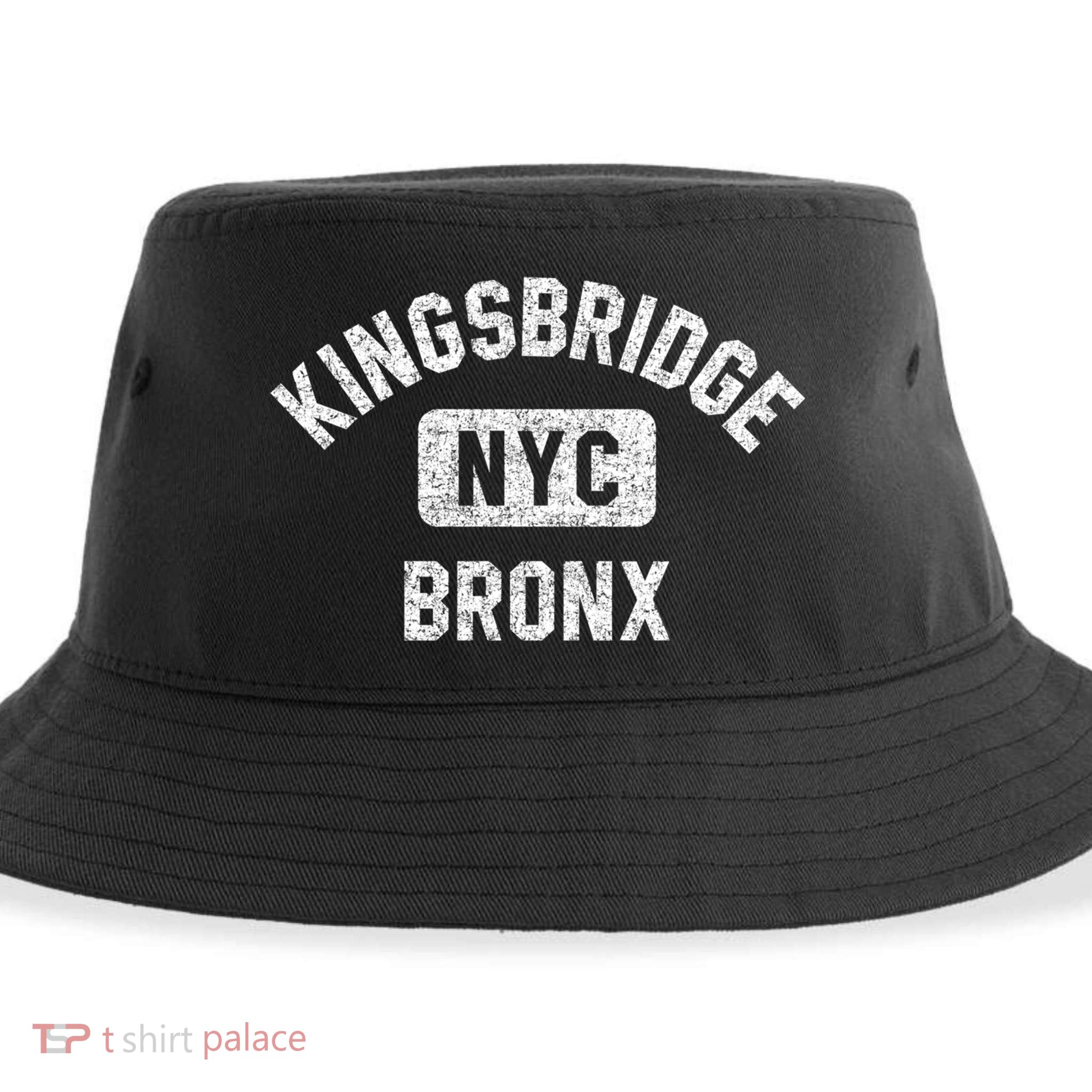 Kingsbridge Bronx Gym Style Distressed White Print Funny Gift Sustainable Bucket Hat