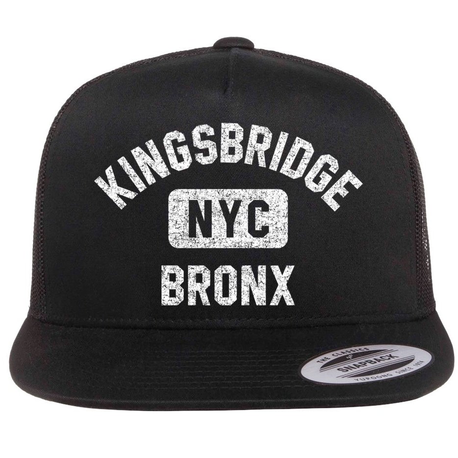 Kingsbridge Bronx Gym Style Distressed White Print Funny Gift Flat Bill Trucker Hat