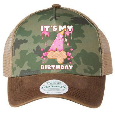 Kids Birthday Girl 4 Years Ice Cream Its My 4th Birthday Legacy Tie Dye Trucker Hat