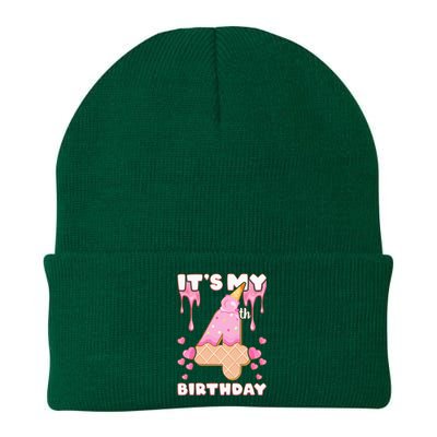 Kids Birthday Girl 4 Years Ice Cream Its My 4th Birthday Knit Cap Winter Beanie