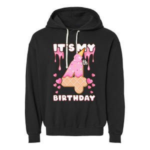 Kids Birthday Girl 4 Years Ice Cream Its My 4th Birthday Garment-Dyed Fleece Hoodie