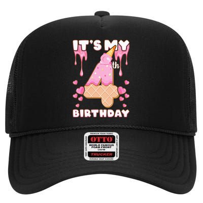 Kids Birthday Girl 4 Years Ice Cream Its My 4th Birthday High Crown Mesh Back Trucker Hat