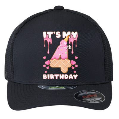 Kids Birthday Girl 4 Years Ice Cream Its My 4th Birthday Flexfit Unipanel Trucker Cap