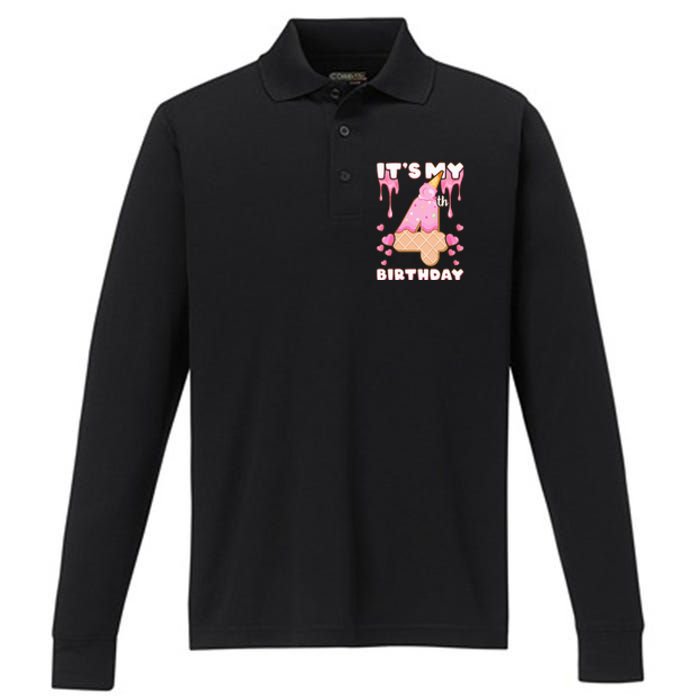 Kids Birthday Girl 4 Years Ice Cream Its My 4th Birthday Performance Long Sleeve Polo