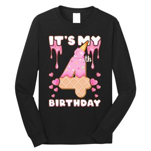 Kids Birthday Girl 4 Years Ice Cream Its My 4th Birthday Long Sleeve Shirt