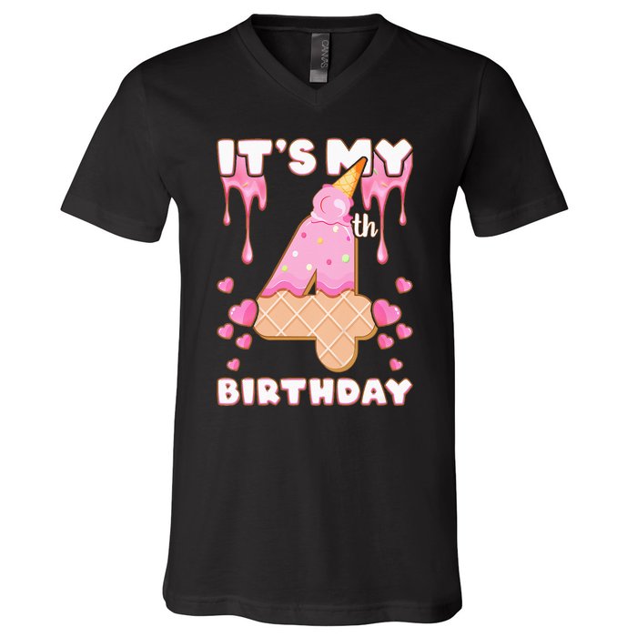 Kids Birthday Girl 4 Years Ice Cream Its My 4th Birthday V-Neck T-Shirt