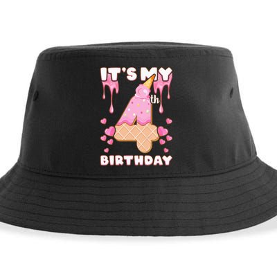 Kids Birthday Girl 4 Years Ice Cream Its My 4th Birthday Sustainable Bucket Hat