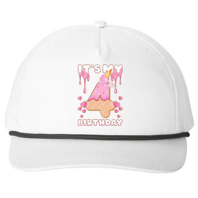 Kids Birthday Girl 4 Years Ice Cream Its My 4th Birthday Snapback Five-Panel Rope Hat