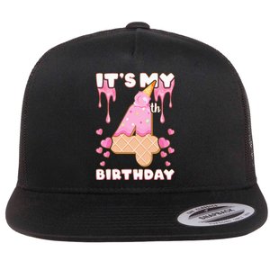 Kids Birthday Girl 4 Years Ice Cream Its My 4th Birthday Flat Bill Trucker Hat