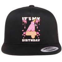 Kids Birthday Girl 4 Years Ice Cream Its My 4th Birthday Flat Bill Trucker Hat