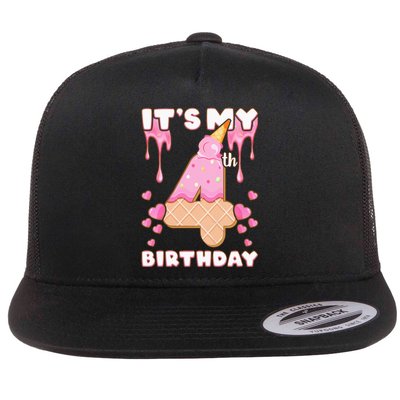 Kids Birthday Girl 4 Years Ice Cream Its My 4th Birthday Flat Bill Trucker Hat