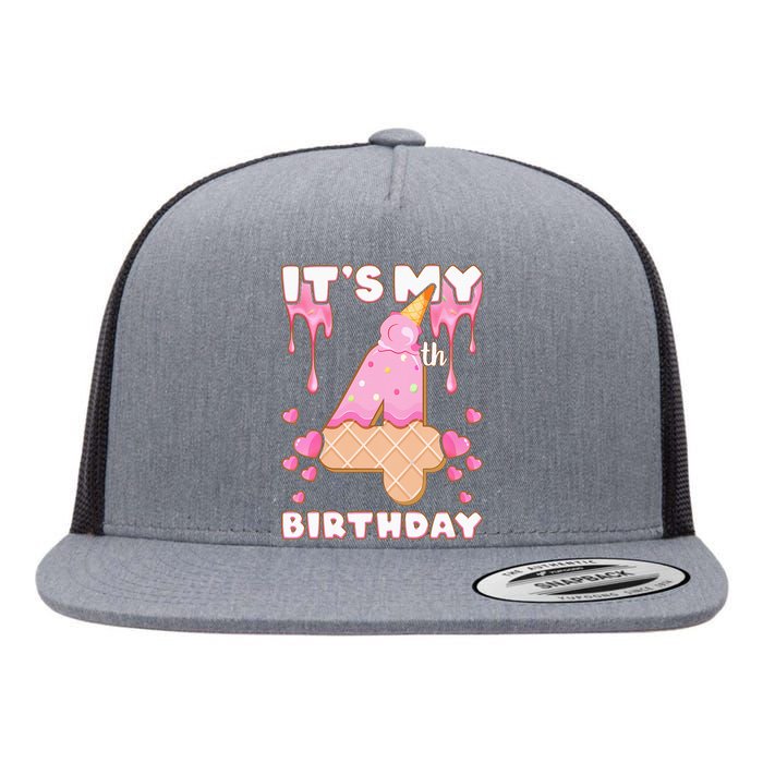 Kids Birthday Girl 4 Years Ice Cream Its My 4th Birthday Flat Bill Trucker Hat