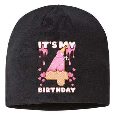 Kids Birthday Girl 4 Years Ice Cream Its My 4th Birthday Sustainable Beanie