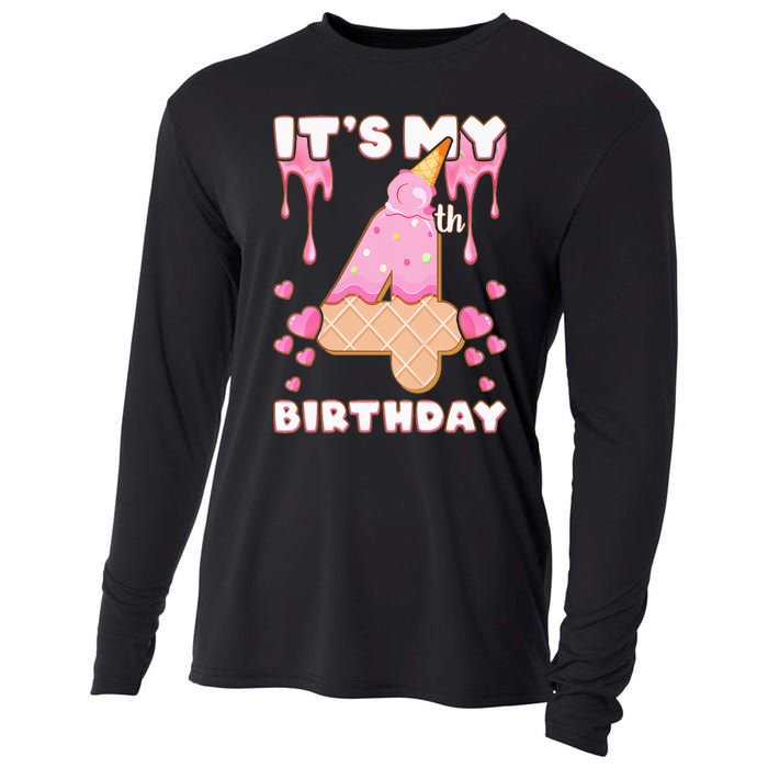 Kids Birthday Girl 4 Years Ice Cream Its My 4th Birthday Cooling Performance Long Sleeve Crew