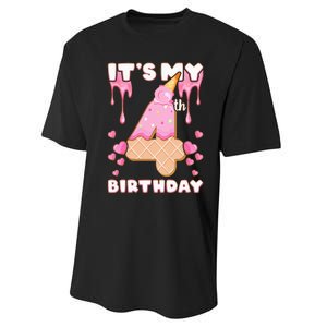 Kids Birthday Girl 4 Years Ice Cream Its My 4th Birthday Performance Sprint T-Shirt