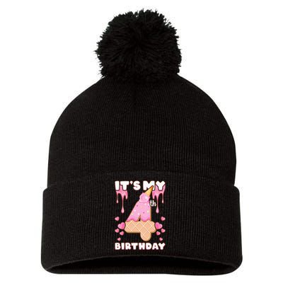 Kids Birthday Girl 4 Years Ice Cream Its My 4th Birthday Pom Pom 12in Knit Beanie