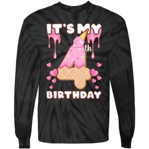 Kids Birthday Girl 4 Years Ice Cream Its My 4th Birthday Tie-Dye Long Sleeve Shirt