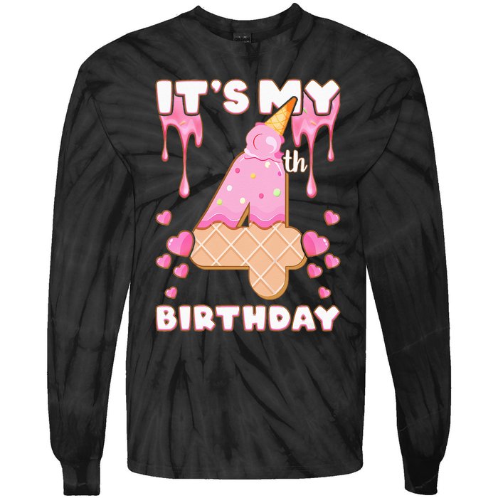 Kids Birthday Girl 4 Years Ice Cream Its My 4th Birthday Tie-Dye Long Sleeve Shirt