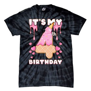 Kids Birthday Girl 4 Years Ice Cream Its My 4th Birthday Tie-Dye T-Shirt