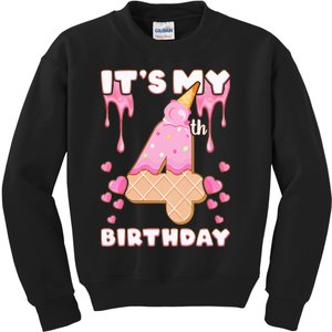 Kids Birthday Girl 4 Years Ice Cream Its My 4th Birthday Kids Sweatshirt