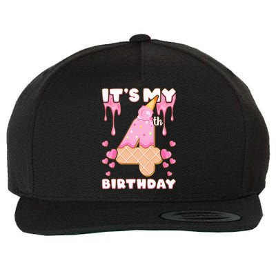 Kids Birthday Girl 4 Years Ice Cream Its My 4th Birthday Wool Snapback Cap