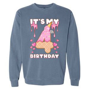 Kids Birthday Girl 4 Years Ice Cream Its My 4th Birthday Garment-Dyed Sweatshirt