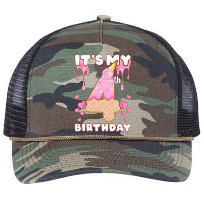 Kids Birthday Girl 4 Years Ice Cream Its My 4th Birthday Retro Rope Trucker Hat Cap