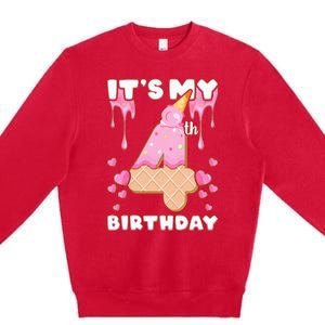 Kids Birthday Girl 4 Years Ice Cream Its My 4th Birthday Premium Crewneck Sweatshirt