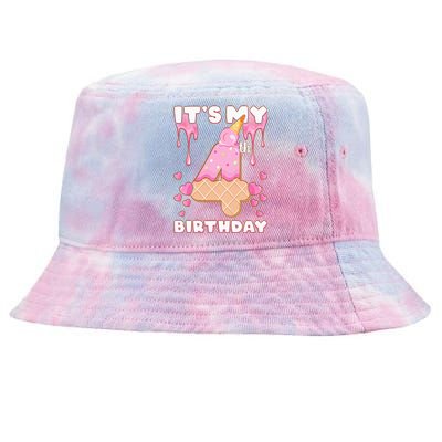 Kids Birthday Girl 4 Years Ice Cream Its My 4th Birthday Tie-Dyed Bucket Hat