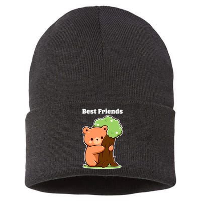 Kawaii Bear Hugging Tree Wildlife Animal Lover For Friends Sustainable Knit Beanie