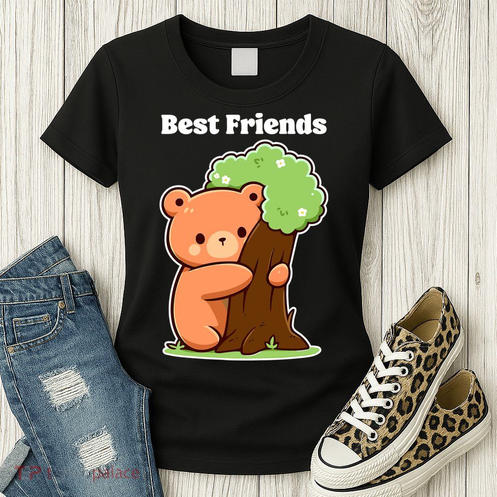 Kawaii Bear Hugging Tree Wildlife Animal Lover For Friends Womens T-Shirt