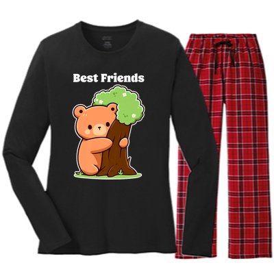 Kawaii Bear Hugging Tree Wildlife Animal Lover For Friends Women's Long Sleeve Flannel Pajama Set 