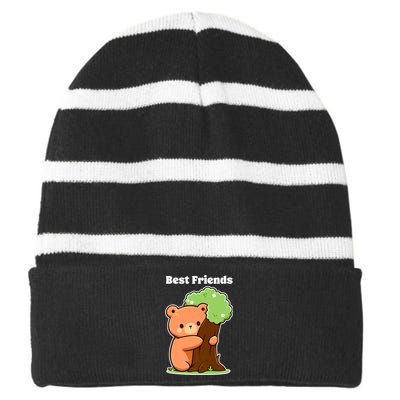 Kawaii Bear Hugging Tree Wildlife Animal Lover For Friends Striped Beanie with Solid Band