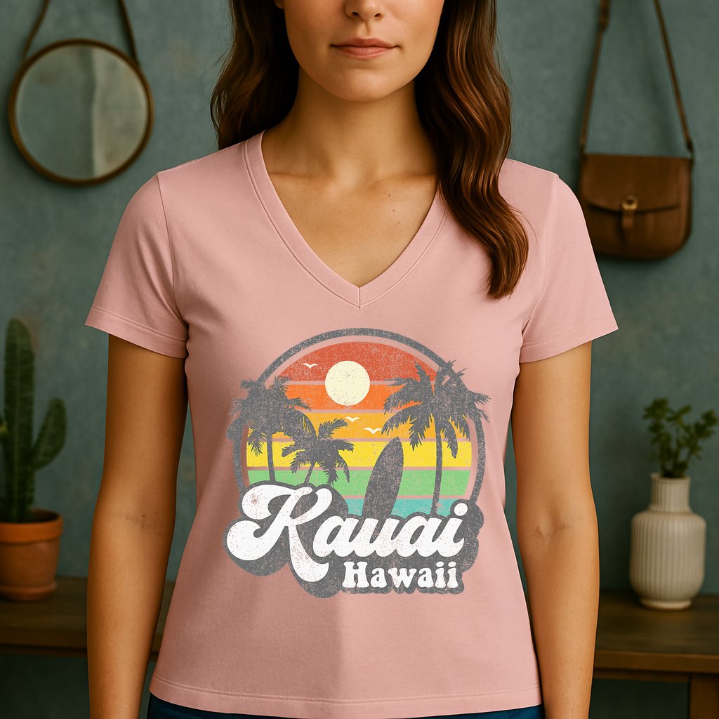 Kauai Beach Hawaii Surf Hawaiian Surfing 70s Women's V-Neck T-Shirt
