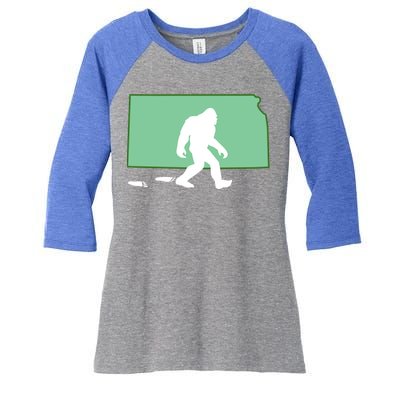 Kansas Bigfoot Hunter State Gift Women's Tri-Blend 3/4-Sleeve Raglan Shirt