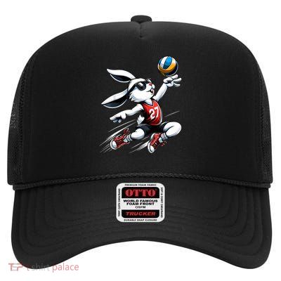 Kids Boys Happy Easter Bunny Playing Volleyball Easter Sport High Crown Mesh Back Trucker Hat