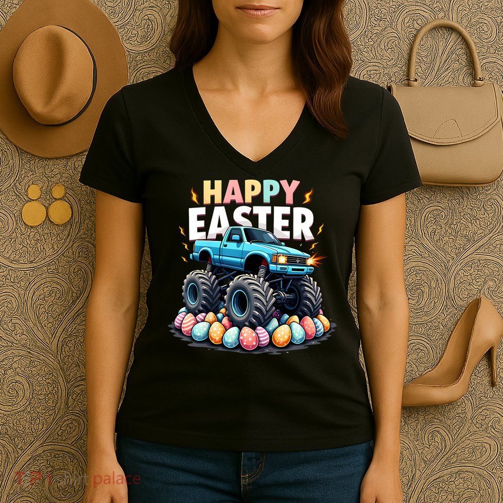 Kids Boys Happy Easter Monster Truck Funny Easter Eggs Toddler Women's V-Neck T-Shirt
