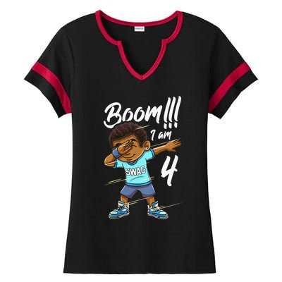 Kids Boom Im 4 Year Old Black Boy Dabbing Birthday Party 4th Bday Ladies Halftime Notch Neck Tee