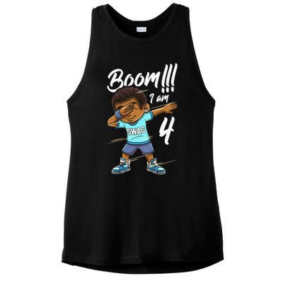 Kids Boom Im 4 Year Old Black Boy Dabbing Birthday Party 4th Bday Ladies PosiCharge Tri-Blend Wicking Tank