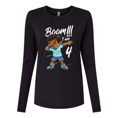 Kids Boom Im 4 Year Old Black Boy Dabbing Birthday Party 4th Bday Womens Cotton Relaxed Long Sleeve T-Shirt