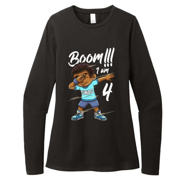 Kids Boom Im 4 Year Old Black Boy Dabbing Birthday Party 4th Bday Womens CVC Long Sleeve Shirt