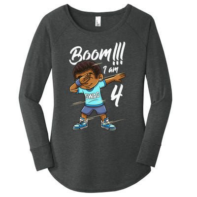 Kids Boom Im 4 Year Old Black Boy Dabbing Birthday Party 4th Bday Women's Perfect Tri Tunic Long Sleeve Shirt