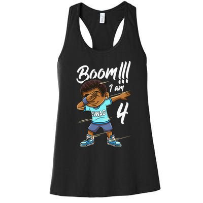 Kids Boom Im 4 Year Old Black Boy Dabbing Birthday Party 4th Bday Women's Racerback Tank